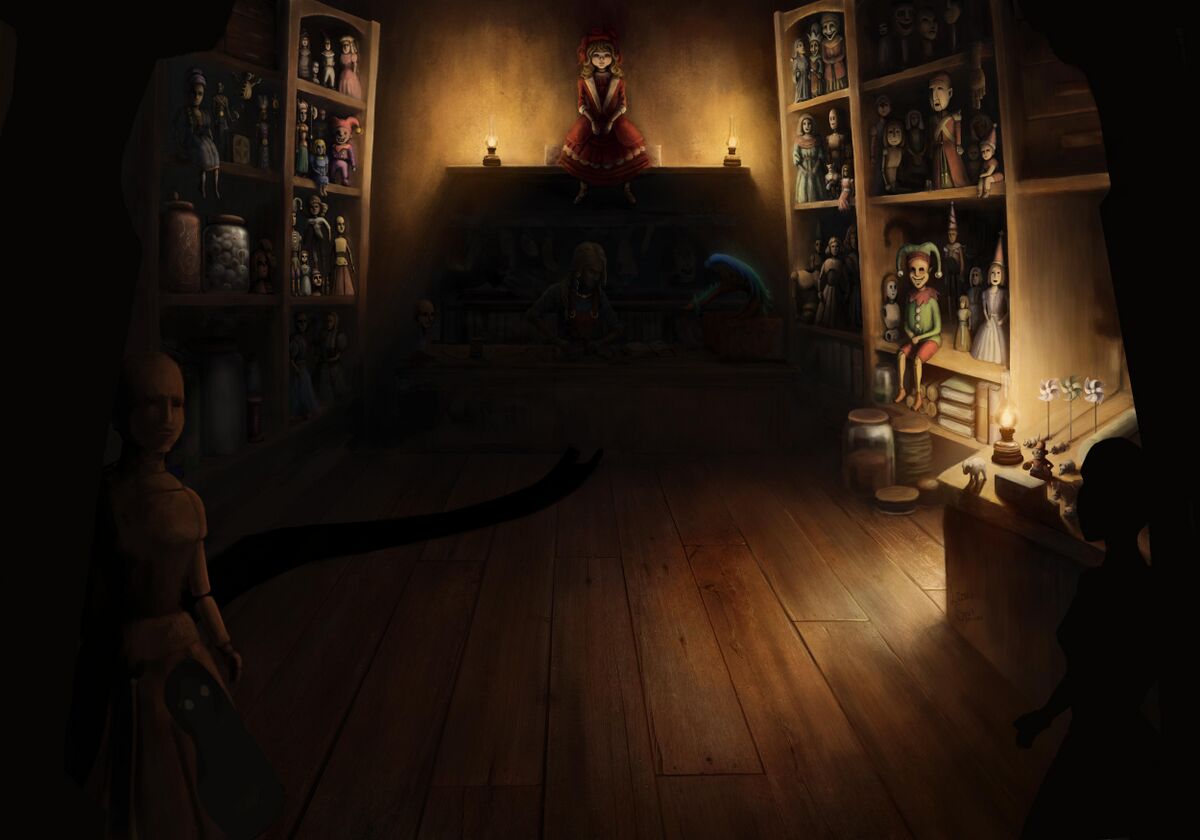 "An illustration of the Dollhouse as described above. Taso is working in the shadows while Tarunen is watching."