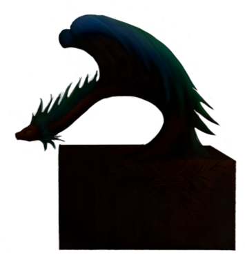 A colourful, winged snake. It is red with a yellow belly, accented by blue and green feathers on the neck and back. The wings consist of blue and green feathers as well.