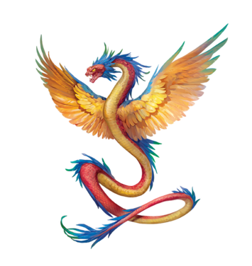 A colourful, winged snake. It is red with a yellow belly, accented by blue and green feathers. The wings are mostly made of yellow feathers, but with the same accents on the sides.